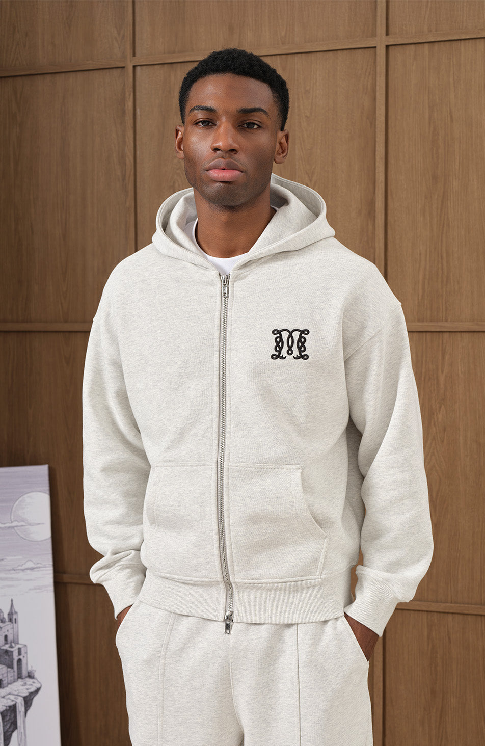 Embroidered Monogram Zip Through Hoodie in Grey Marl