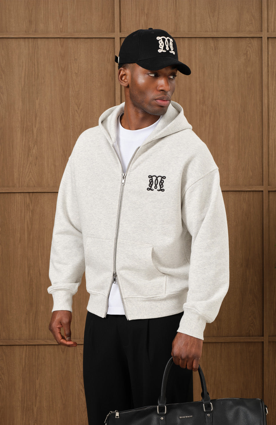 Embroidered Monogram Zip Through Hoodie in Grey Marl