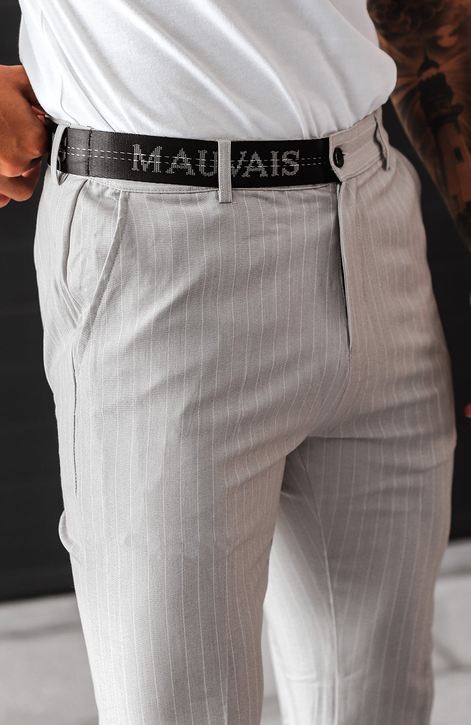 Pinstripe Trousers with Half Belt in Grey