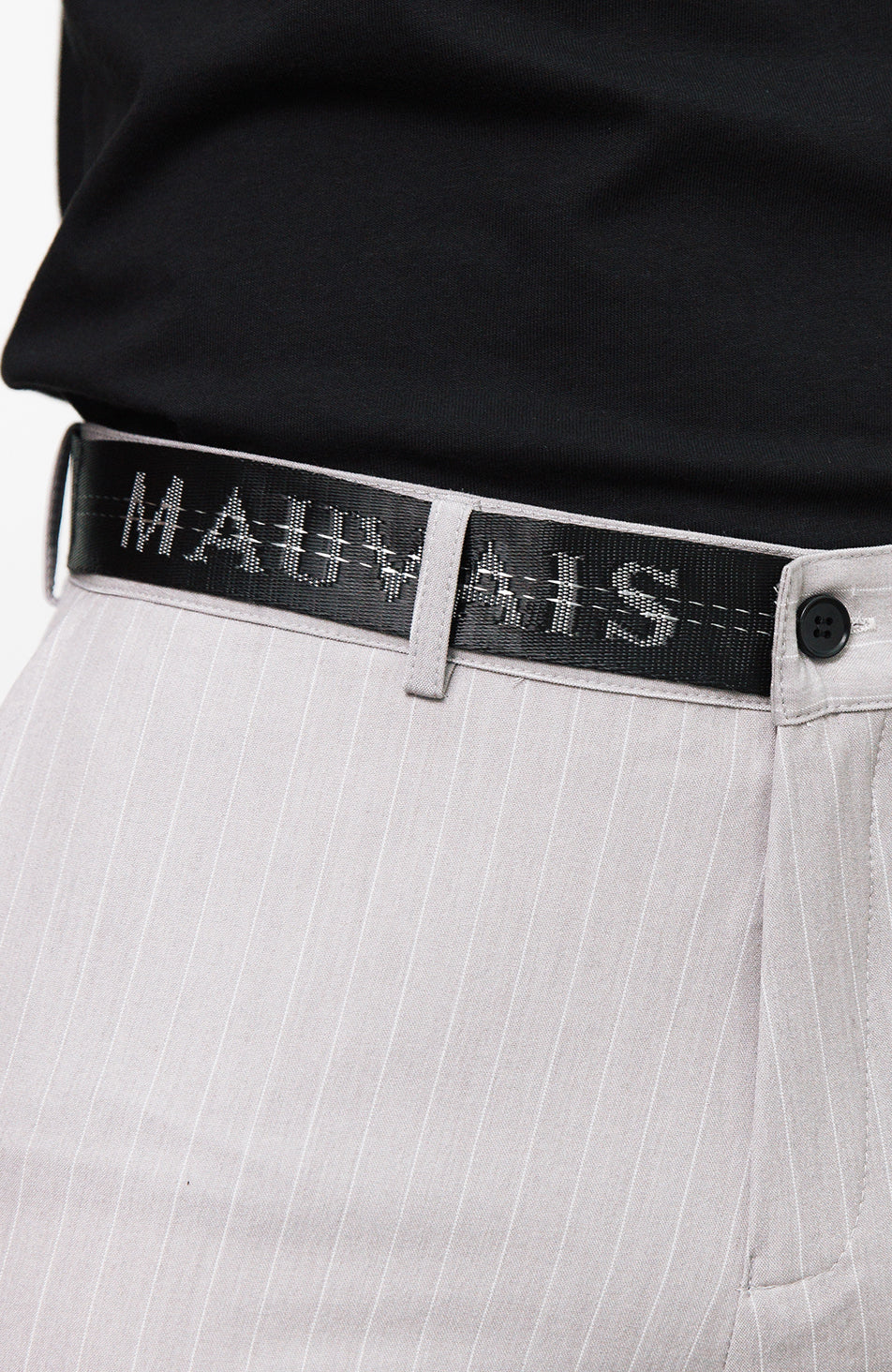 Pinstripe Trousers with Half Belt in Grey