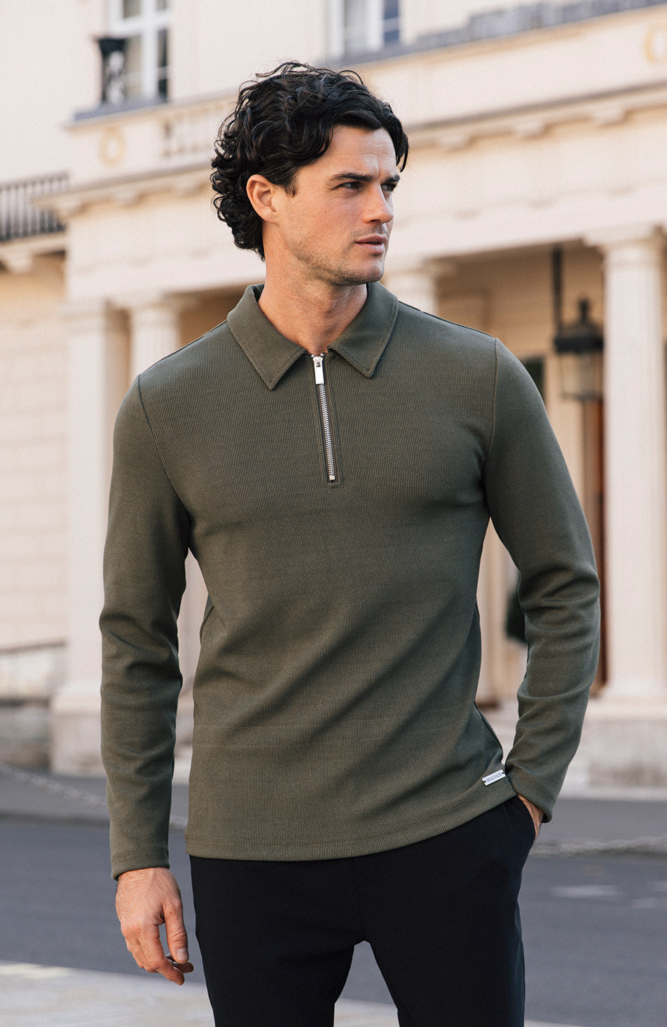 Rivoli Premium Rib Long Sleeve Zip Polo in Khaki