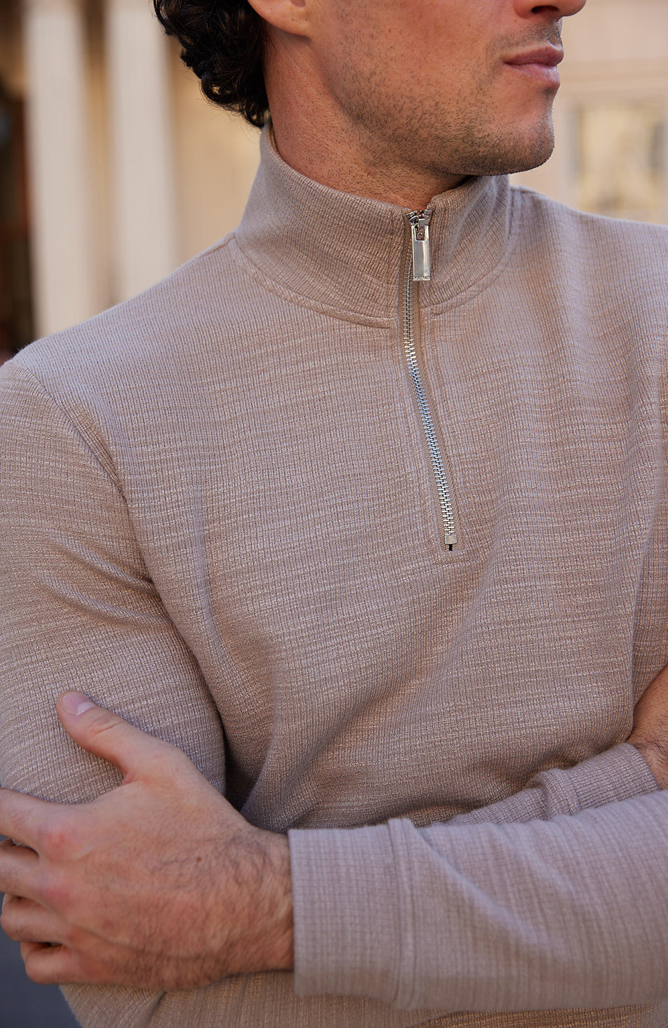 Leandre Regular Premium Textured Quarter Zip in Taupe