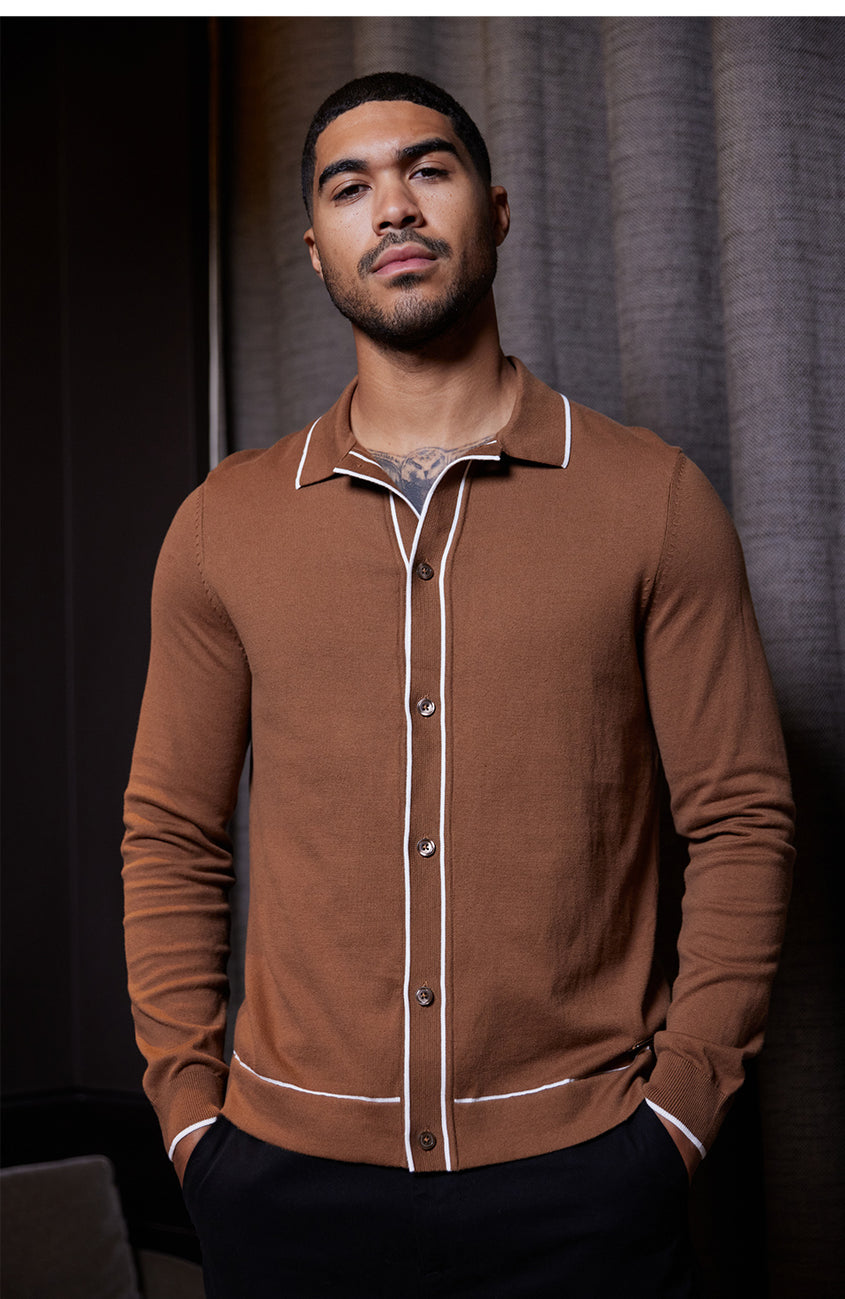 Luciano Long Sleeve Slim Knit Shirt in Rust