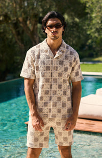 Tulum Relaxed Checked Crochet Shirt in Beige