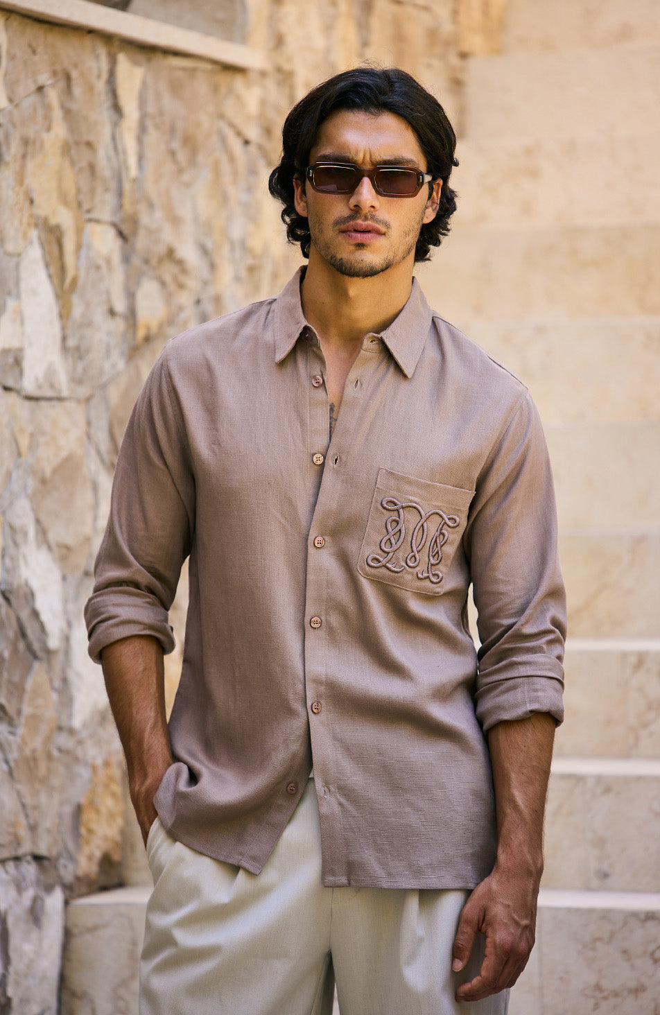 Monogram Linen Blend Embroidered Shirt in Brown