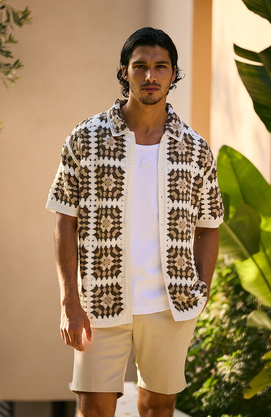 Quadro Crochet Shirt in Brown