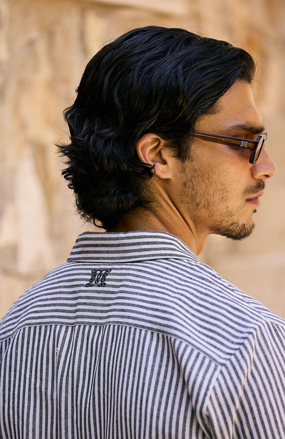 Balencio Embroidered Stripe Shirt in Charcoal and White