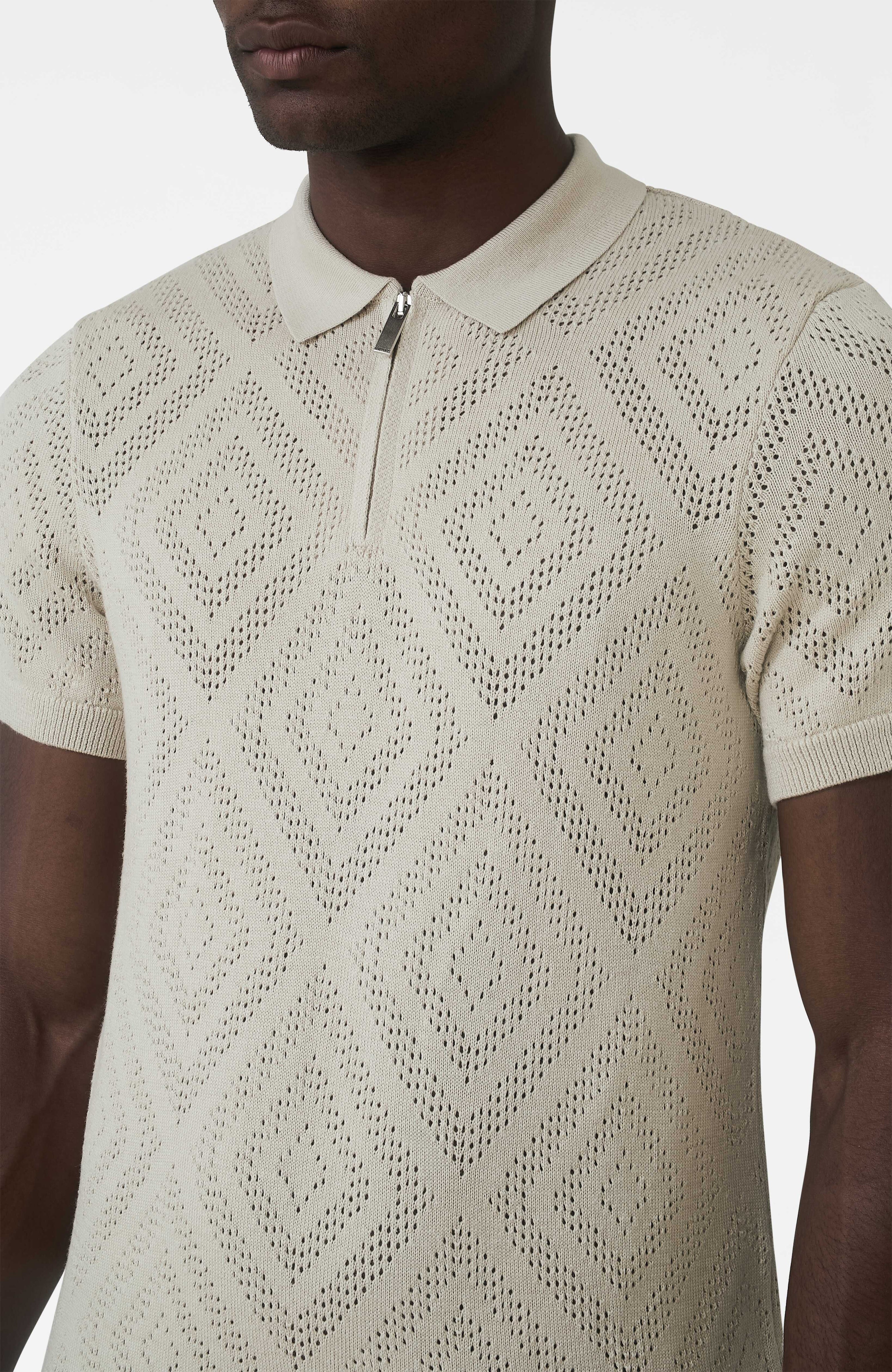 Chalbi Slim Fit Knit Pointelle Zip Polo in Beige