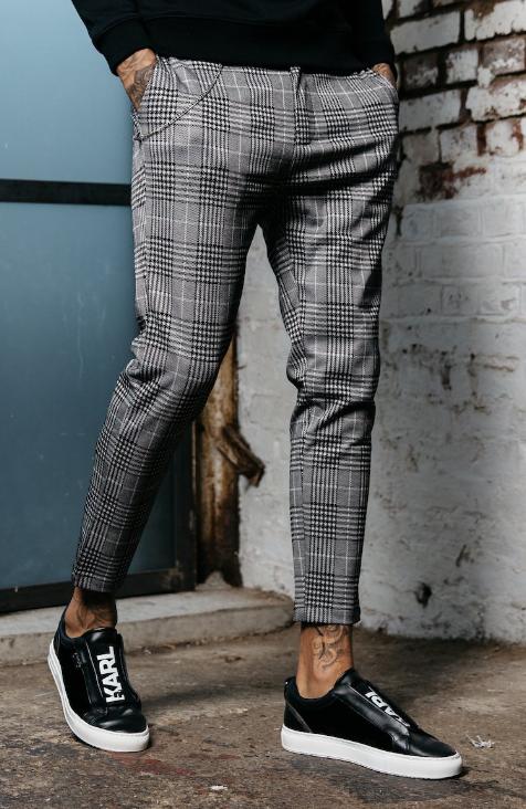 Check Cropped Trousers with Detachable Chain in Grey