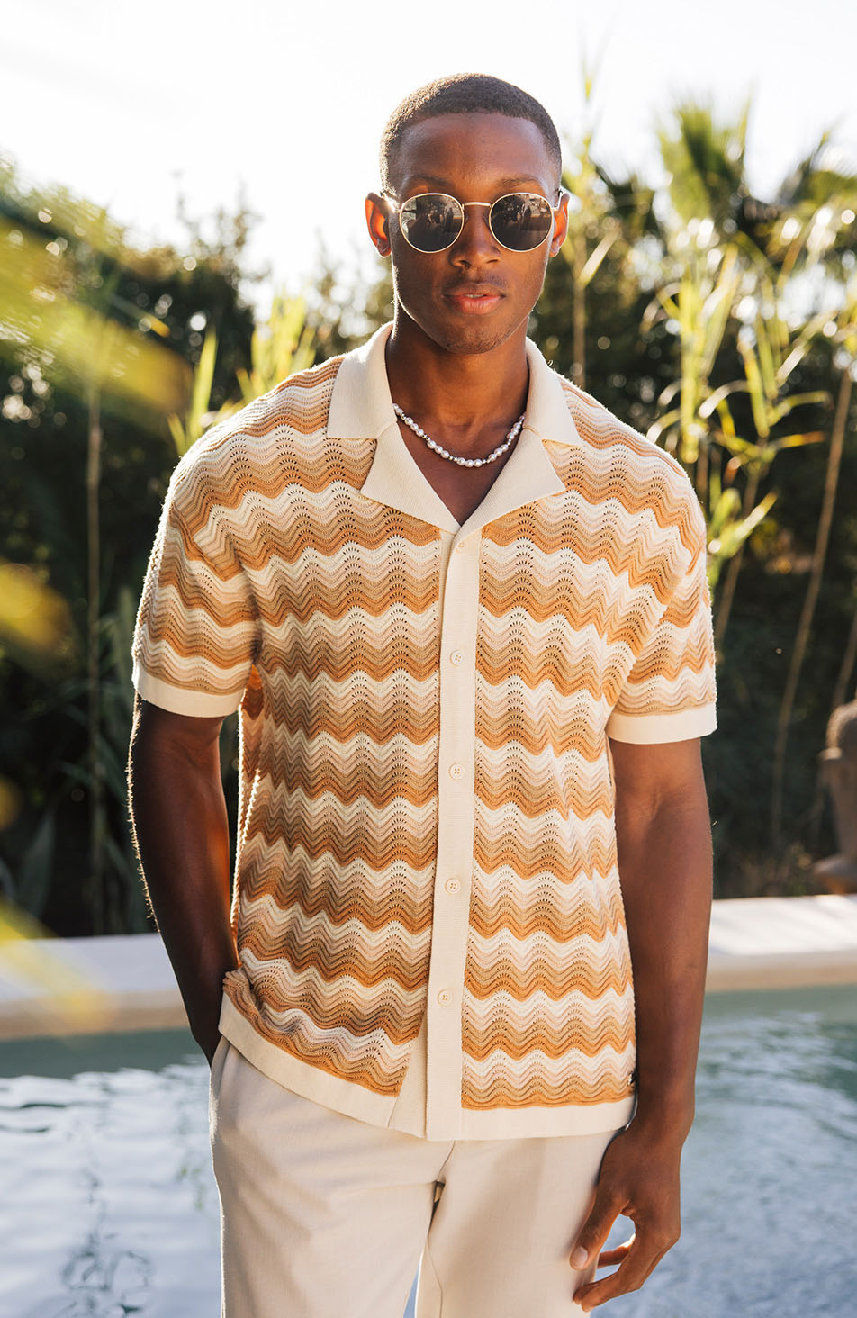 Aruba Textured Relaxed Fit Knitted Shirt in Beige