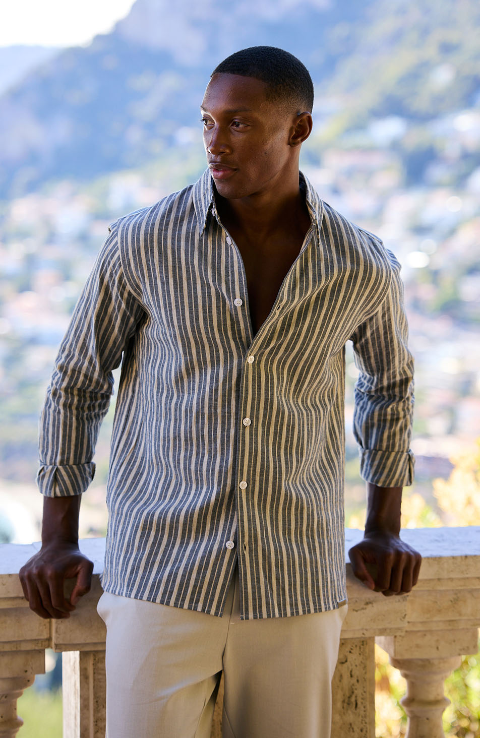 Bocelli Long Sleeve Stripe Shirt in Beige and Charcoal