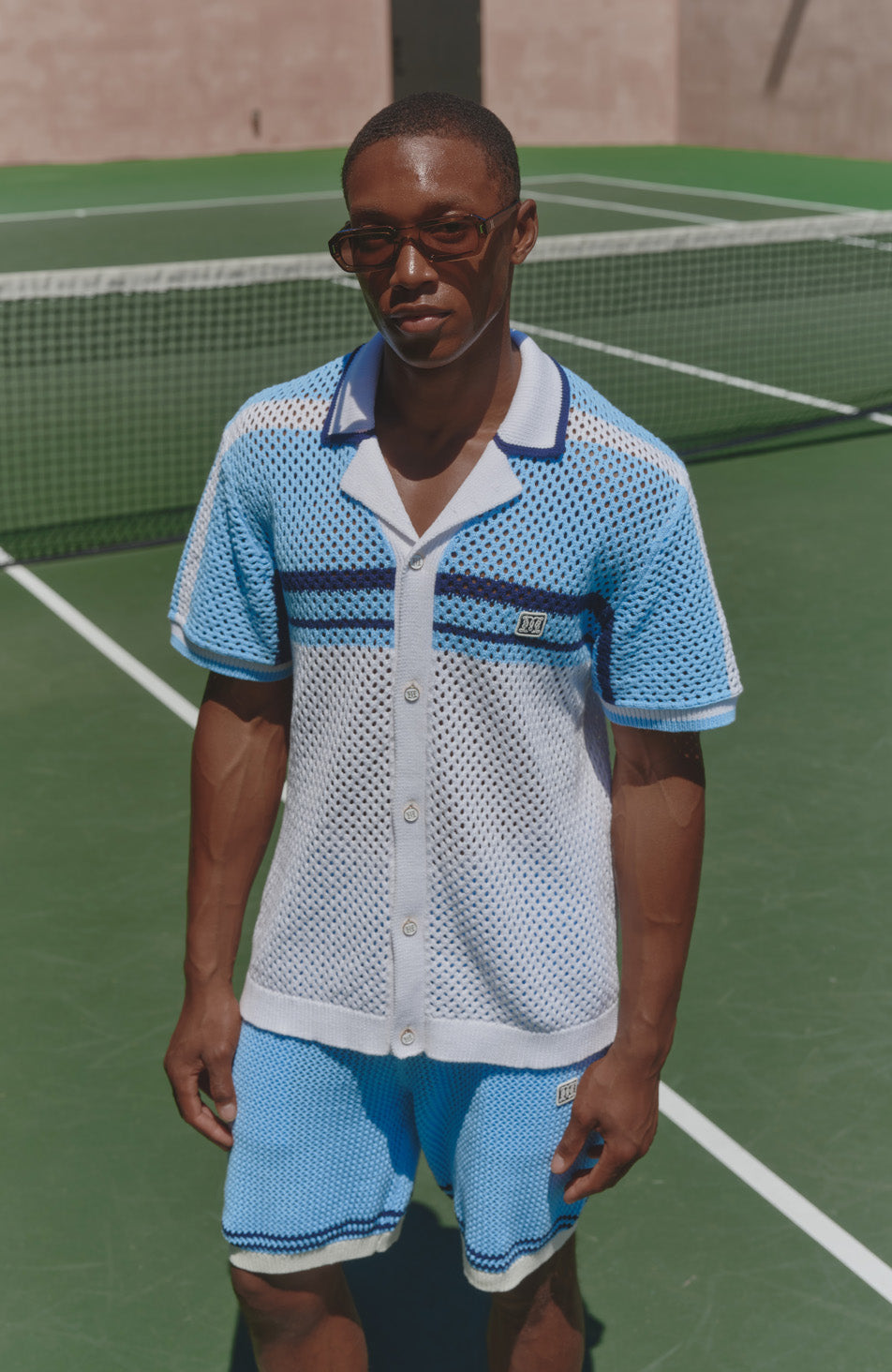 Malibu Cotton Short Sleeve Crochet Shirt in Blue and White