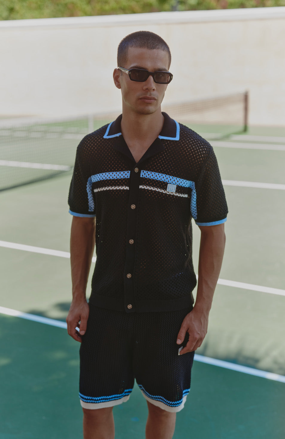 Malibu Cotton Short Sleeve Crochet Shirt in Black