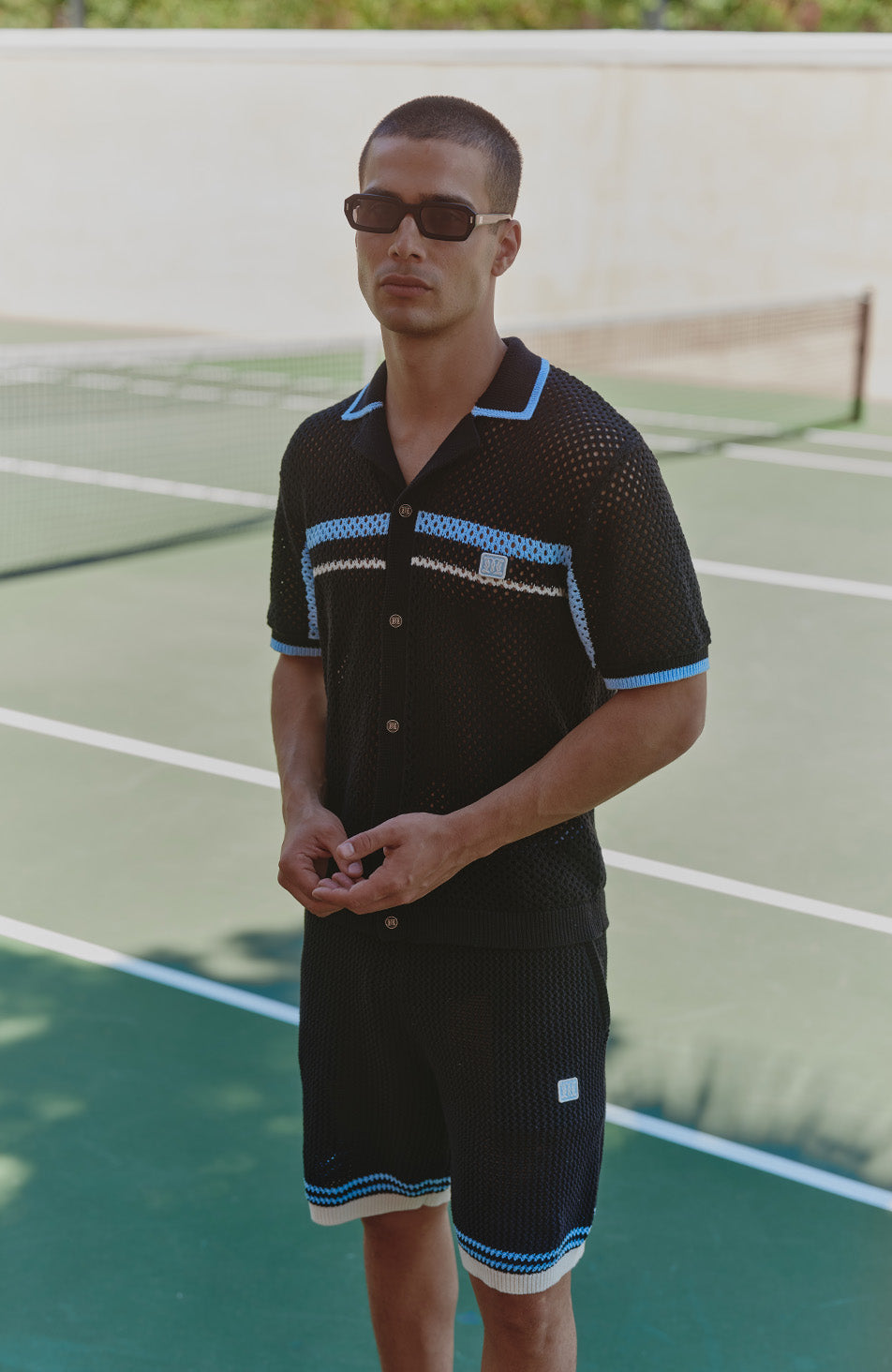 Malibu Cotton Short Sleeve Crochet Shirt in Black