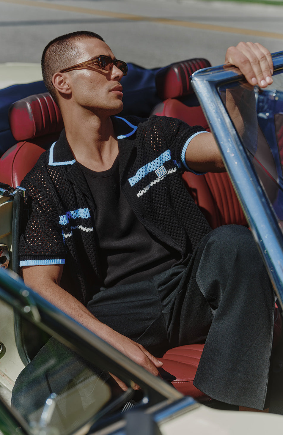 Malibu Cotton Short Sleeve Crochet Shirt in Black