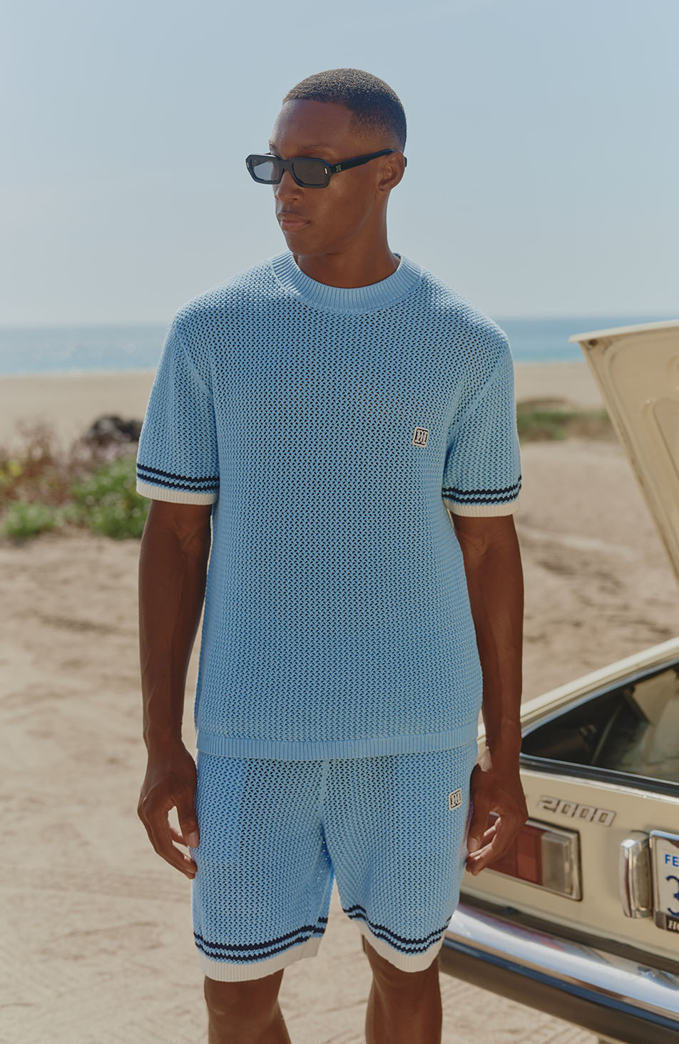 Malibu Cotton Short Sleeve Crochet T-shirt in Blue