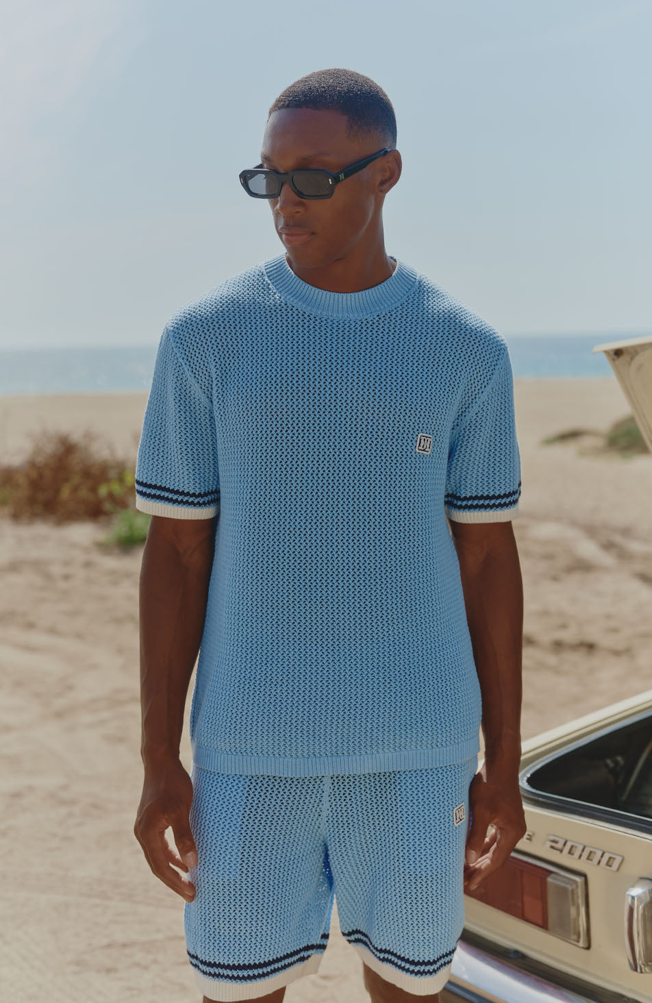 Malibu Cotton Short Sleeve Crochet T-shirt in Blue