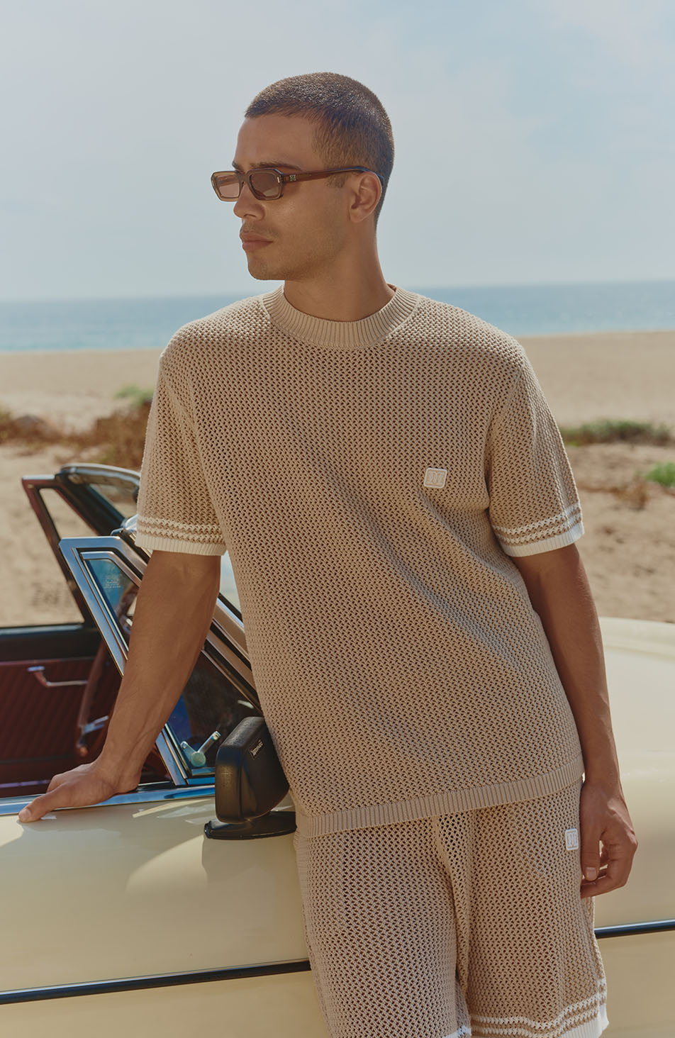 Malibu Cotton Short Sleeve Crochet T-shirt in Beige