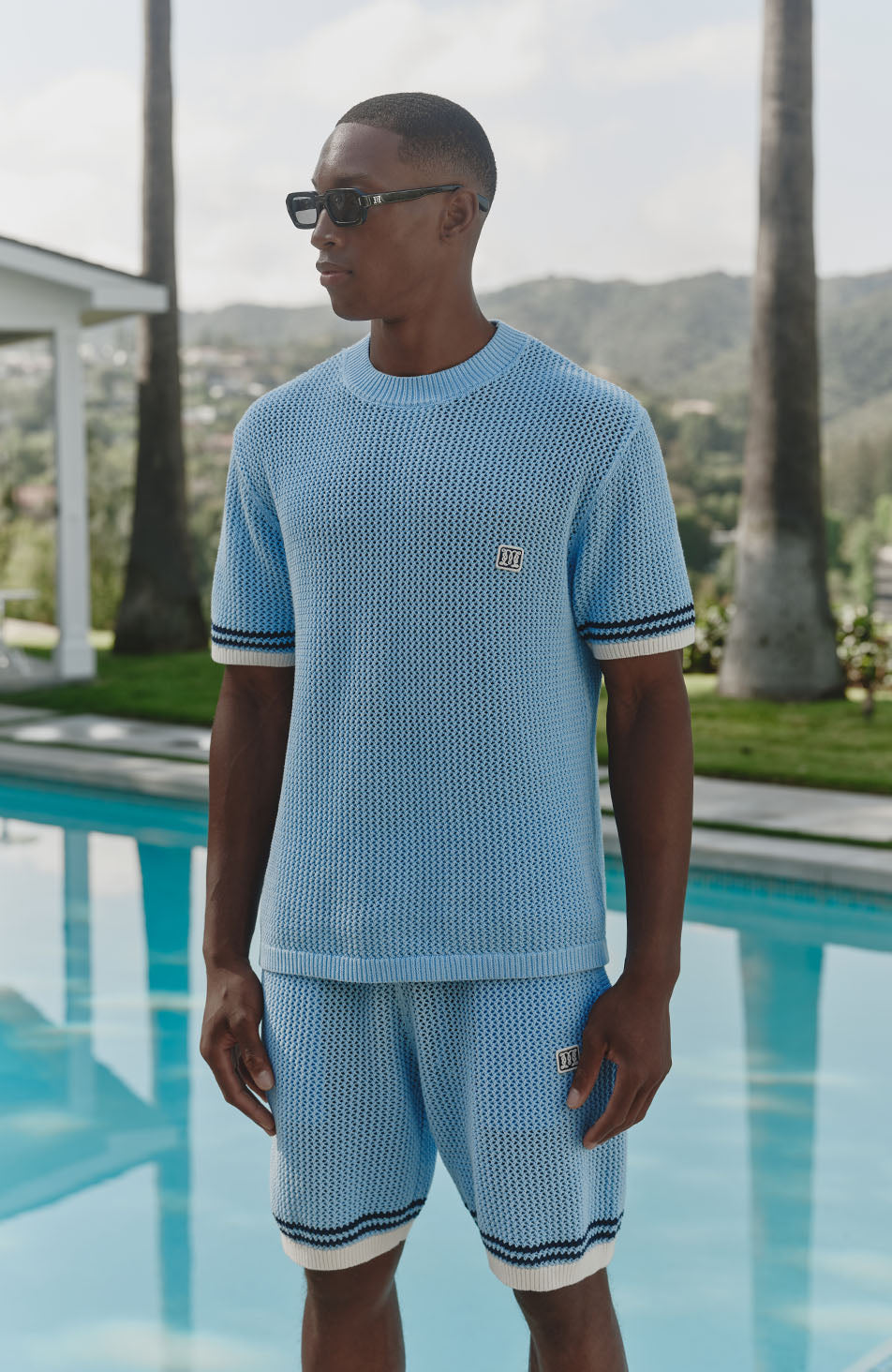 Malibu Cotton Short Sleeve Crochet T-shirt in Blue