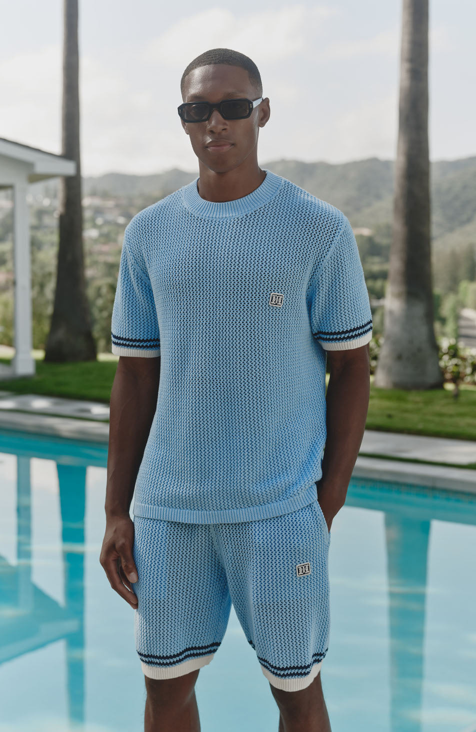 Malibu Cotton Short Sleeve Crochet T-shirt in Blue