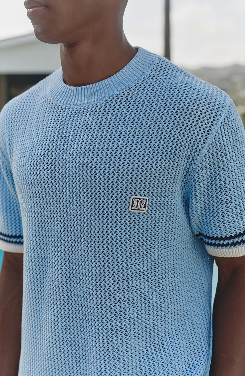 Malibu Cotton Short Sleeve Crochet T-shirt in Blue