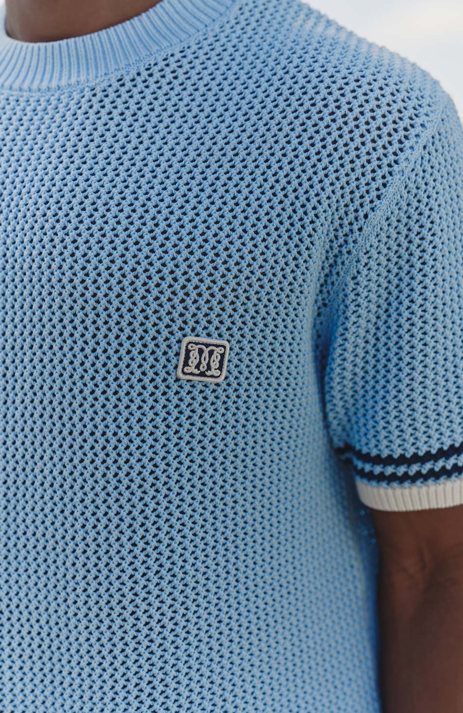 Malibu Cotton Short Sleeve Crochet T-shirt in Blue