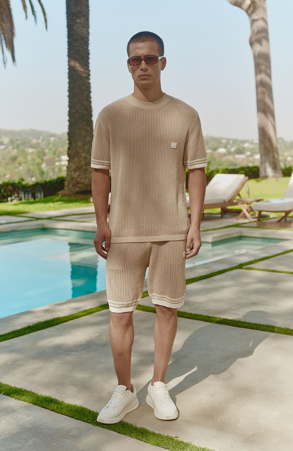 Malibu Cotton Short Sleeve Crochet T-shirt in Beige