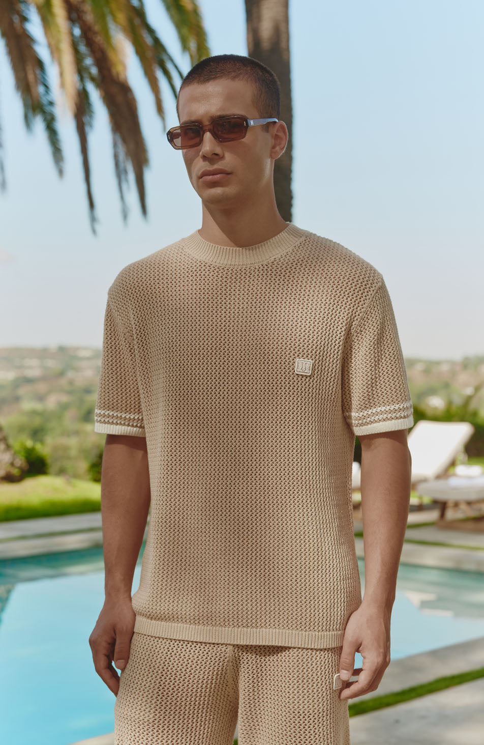 Malibu Cotton Short Sleeve Crochet T-shirt in Beige