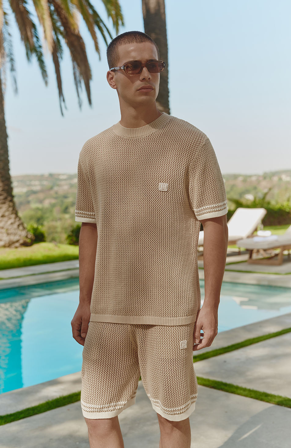 Malibu Cotton Short Sleeve Crochet T-shirt in Beige