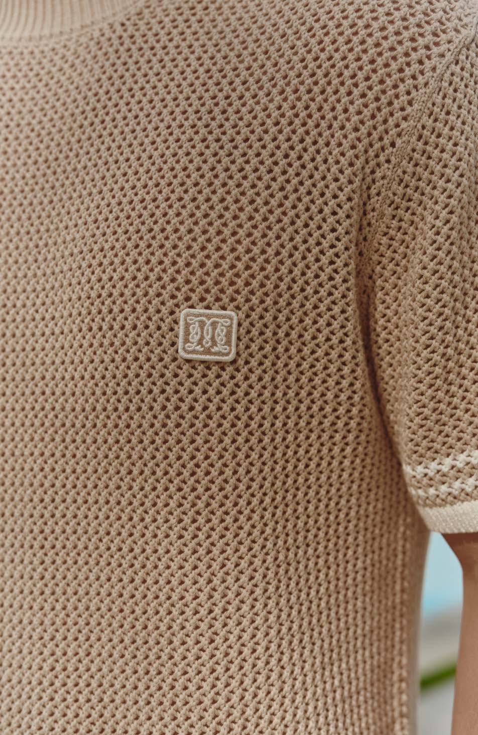 Malibu Cotton Short Sleeve Crochet T-shirt in Beige