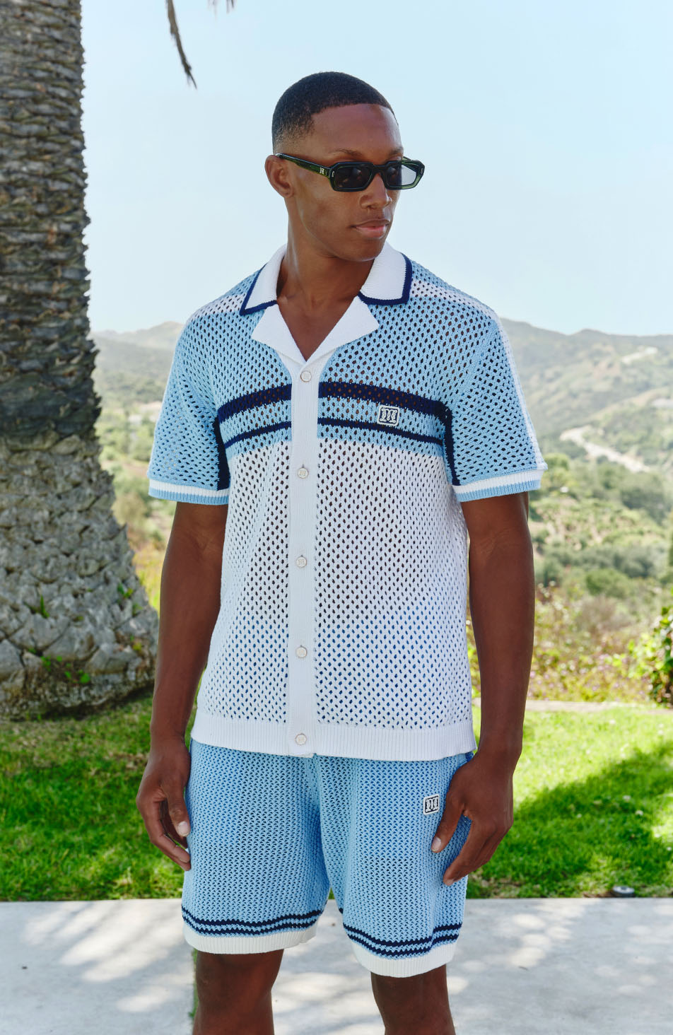 Malibu Cotton Short Sleeve Crochet Shirt in Blue and White – MAUVAIS
