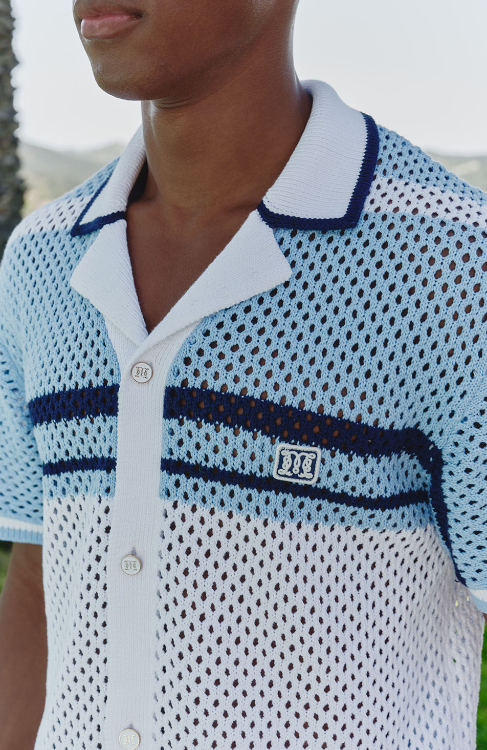 Malibu Cotton Short Sleeve Crochet Shirt in Blue and White