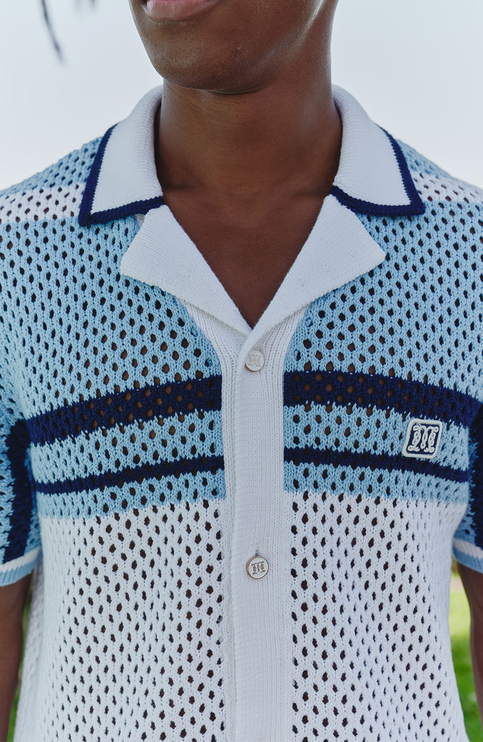 Malibu Cotton Short Sleeve Crochet Shirt in Blue and White