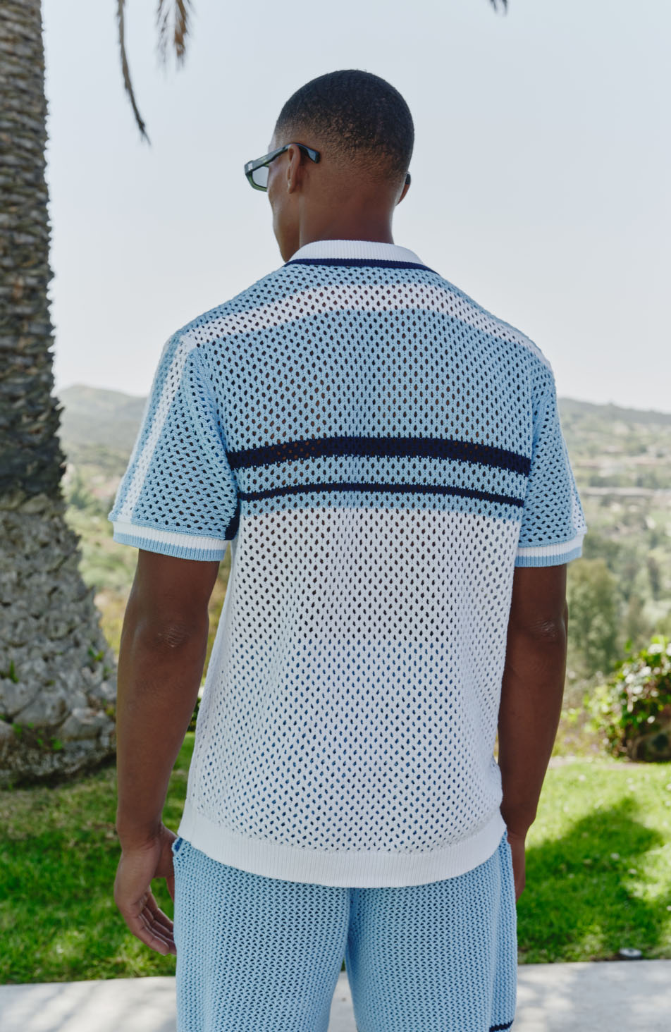 Malibu Cotton Short Sleeve Crochet Shirt in Blue and White