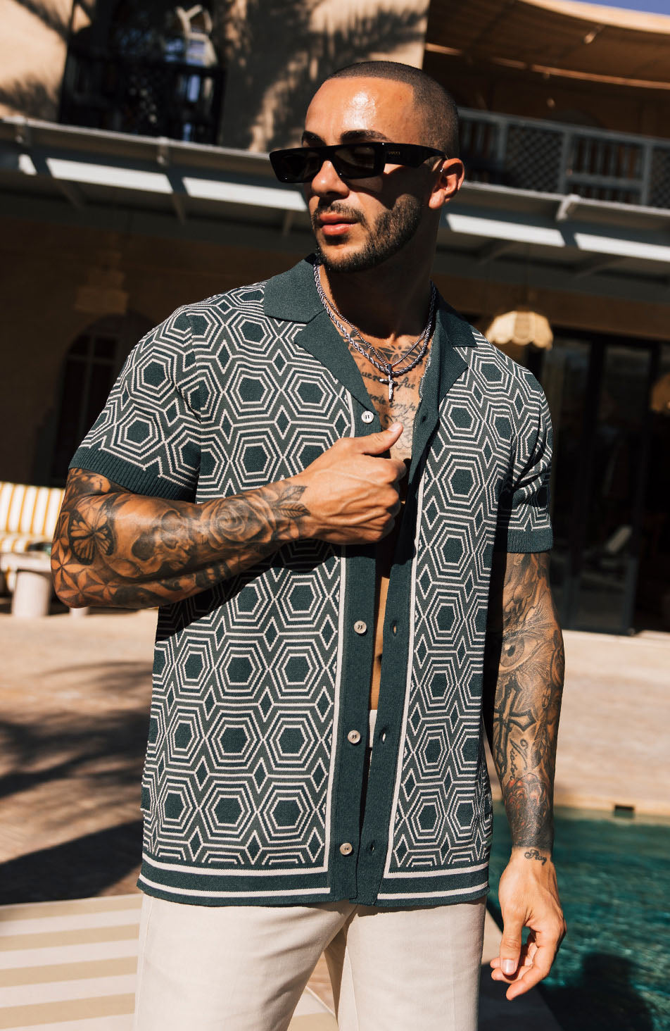 Monica Slim Geo Patterned Knit Shirt in Green