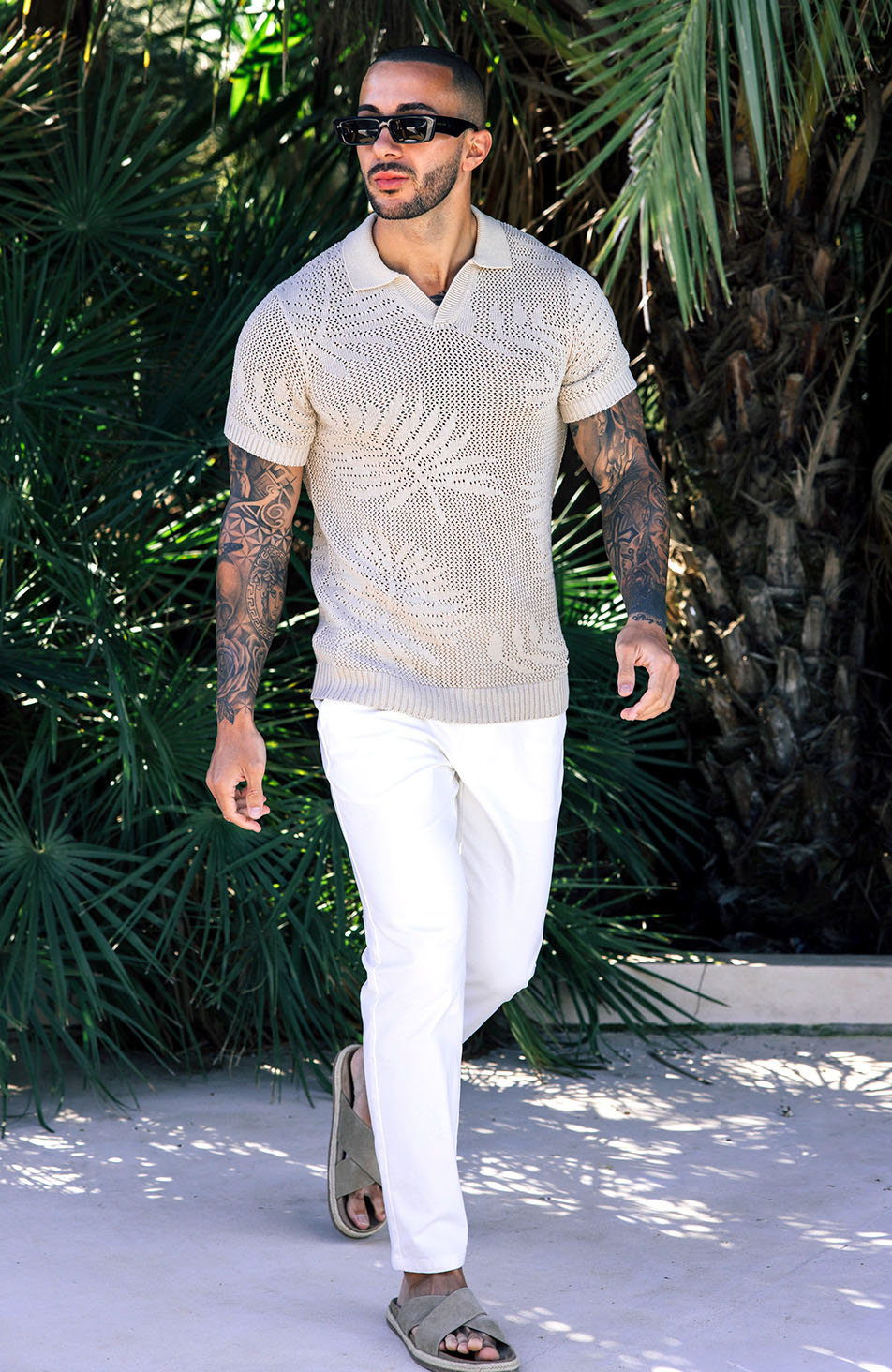 Tropics Relaxed Fit Crochet Knit Polo in Beige