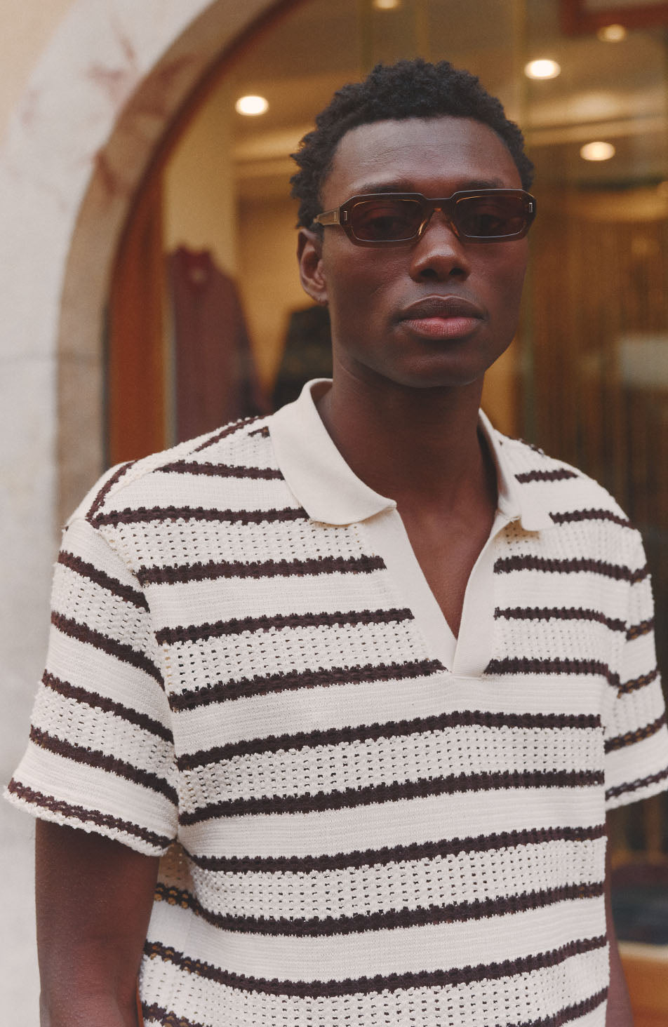 Romano Boxy Stripe Polo in Beige and Brown