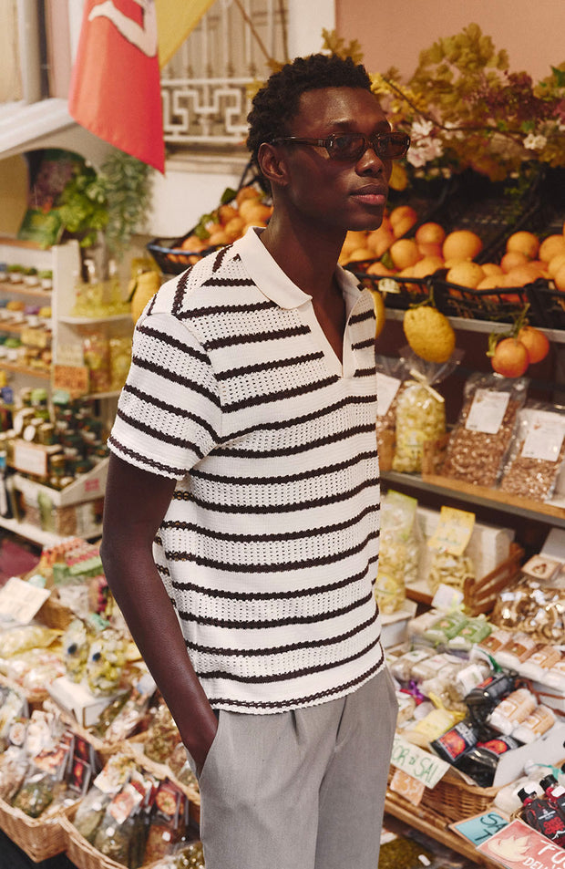 Romano Boxy Stripe Polo in Cream and Brown
