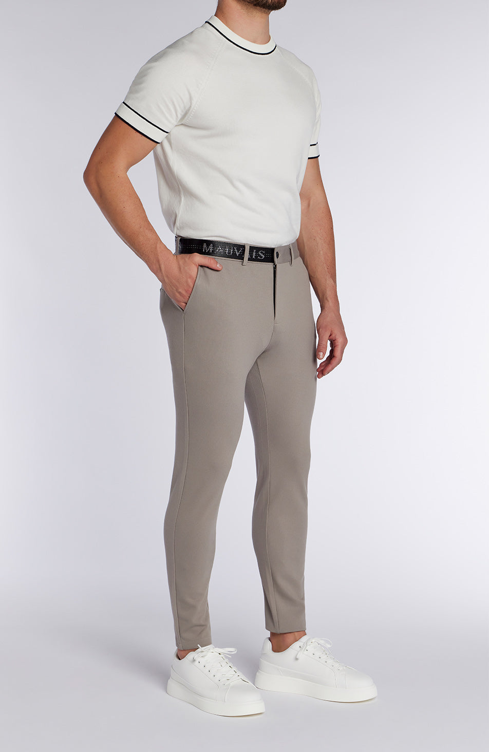 Monaco Trousers with Half Belt in Beige