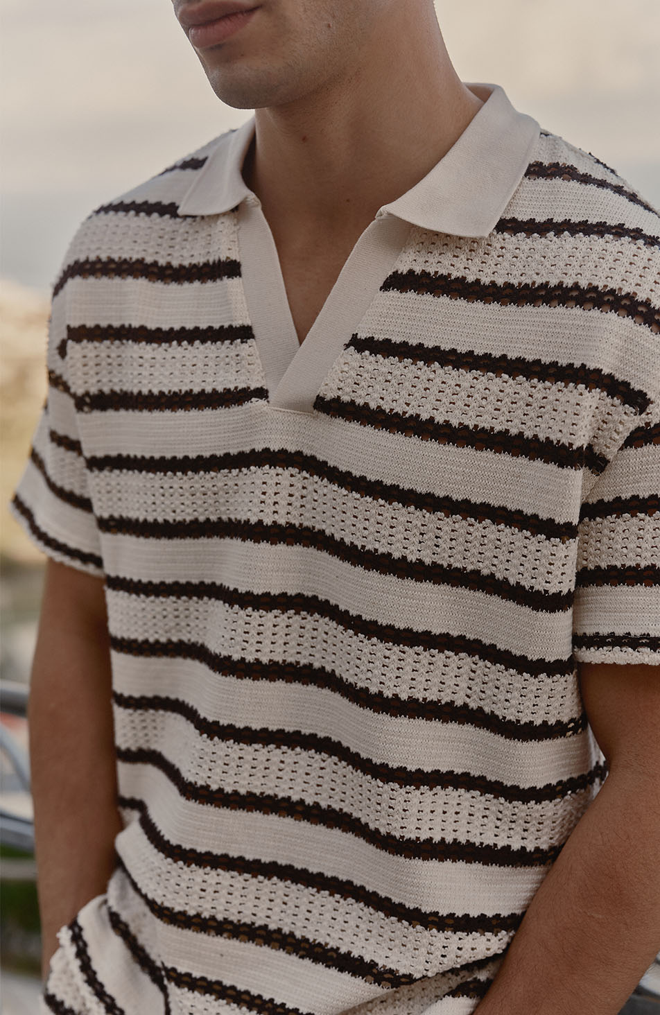 Romano Boxy Stripe Polo in Beige and Brown