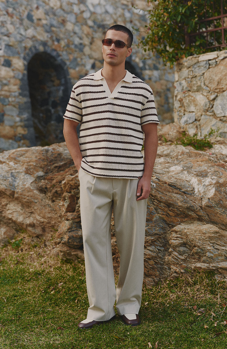 Romano Boxy Stripe Polo in Beige and Brown