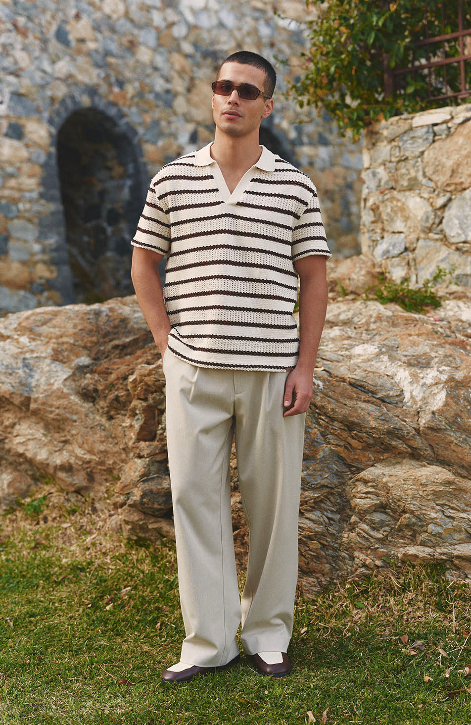Romano Boxy Stripe Polo in Cream and Brown