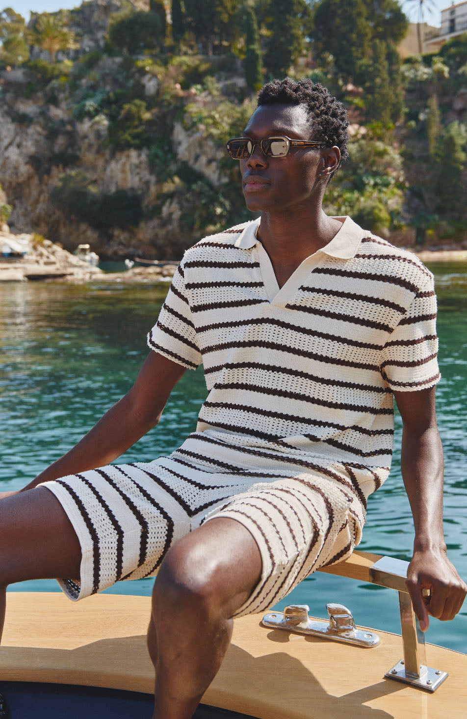 Romano Boxy Stripe Polo in Beige and Brown