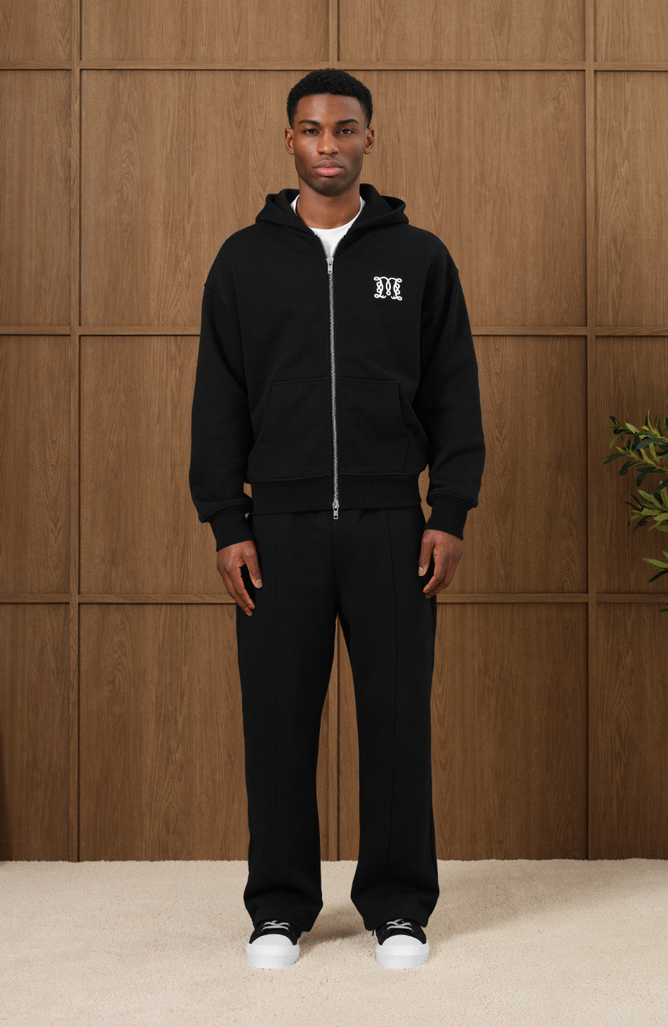 Embroidered Monogram Wide Leg Joggers in Black