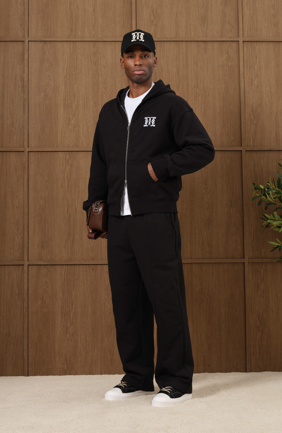 Embroidered Monogram Wide Leg Joggers in Black