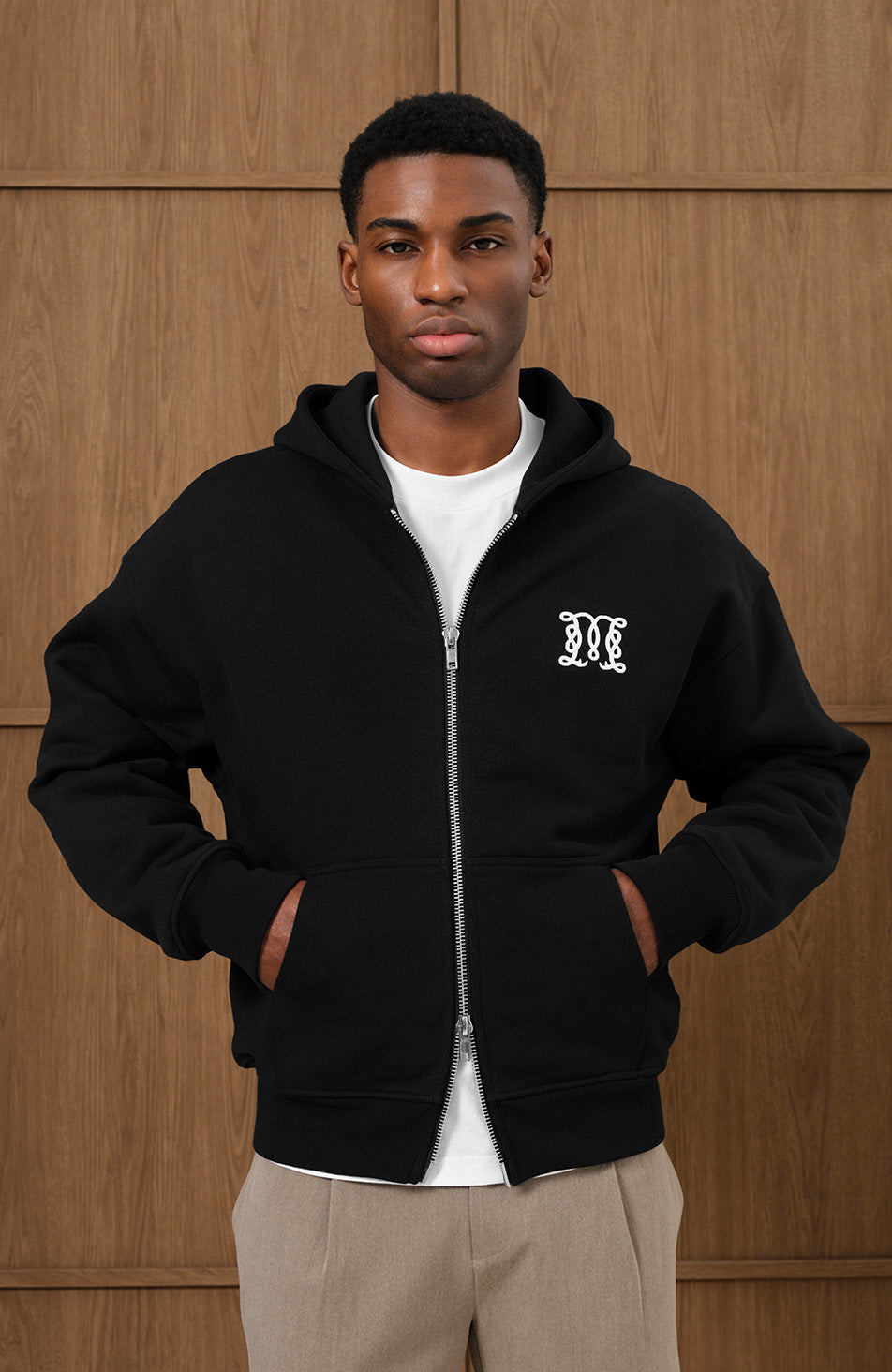 Embroidered Monogram Zip Through Hoodie in Black