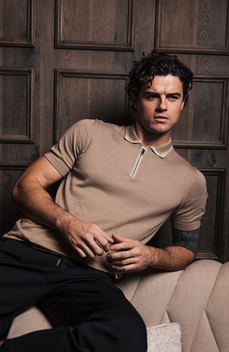 Newbury Slim Knit Piping Zip Polo in Taupe