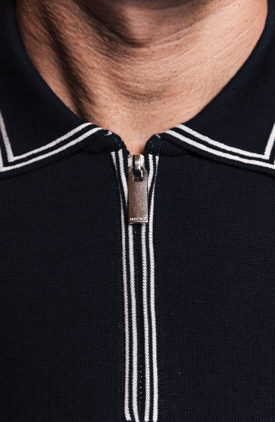 Newbury Slim Knit Piping Zip Polo in Navy