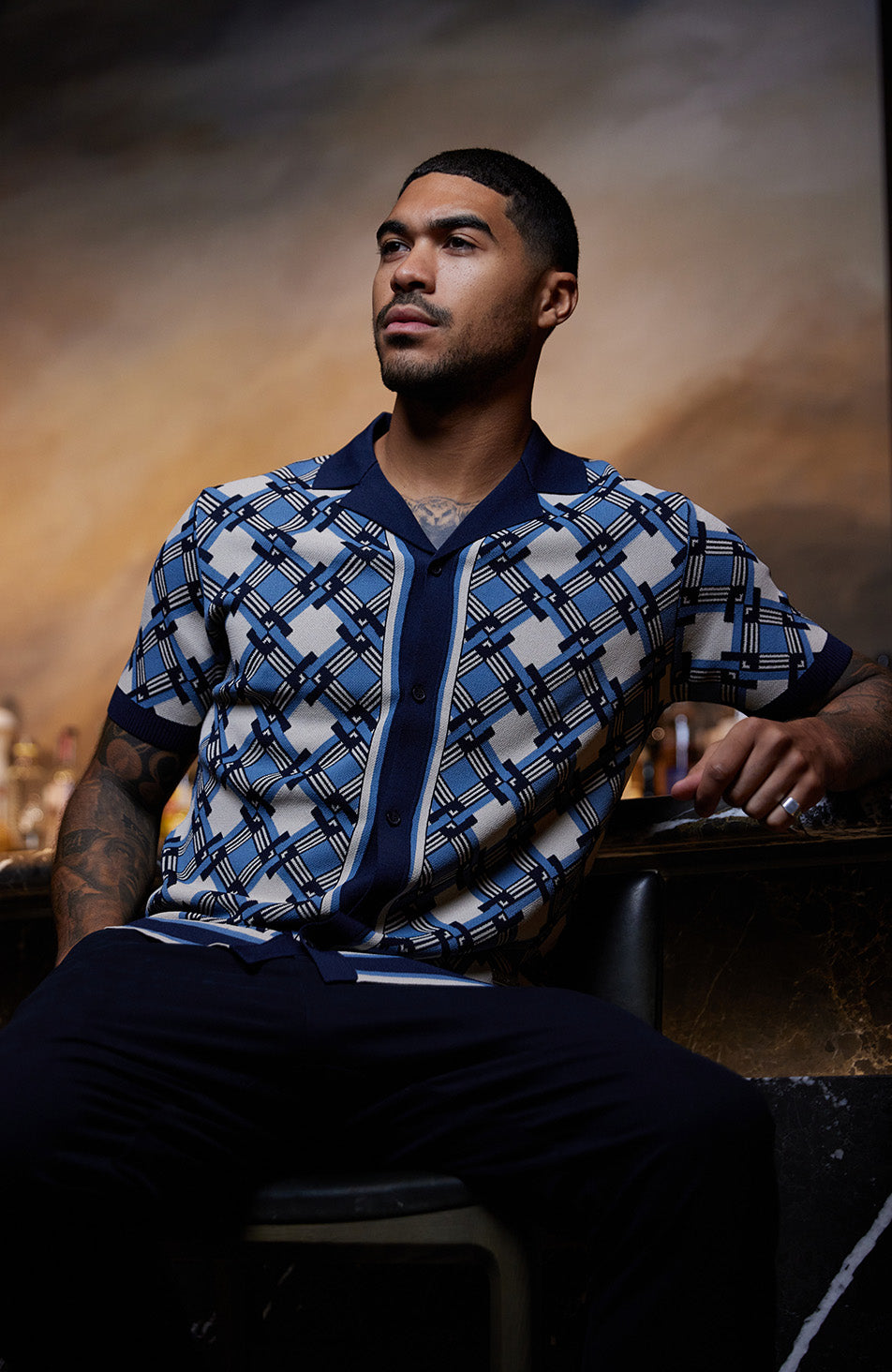 Ravenna Slim Geo Patterned Knit Shirt in Blue