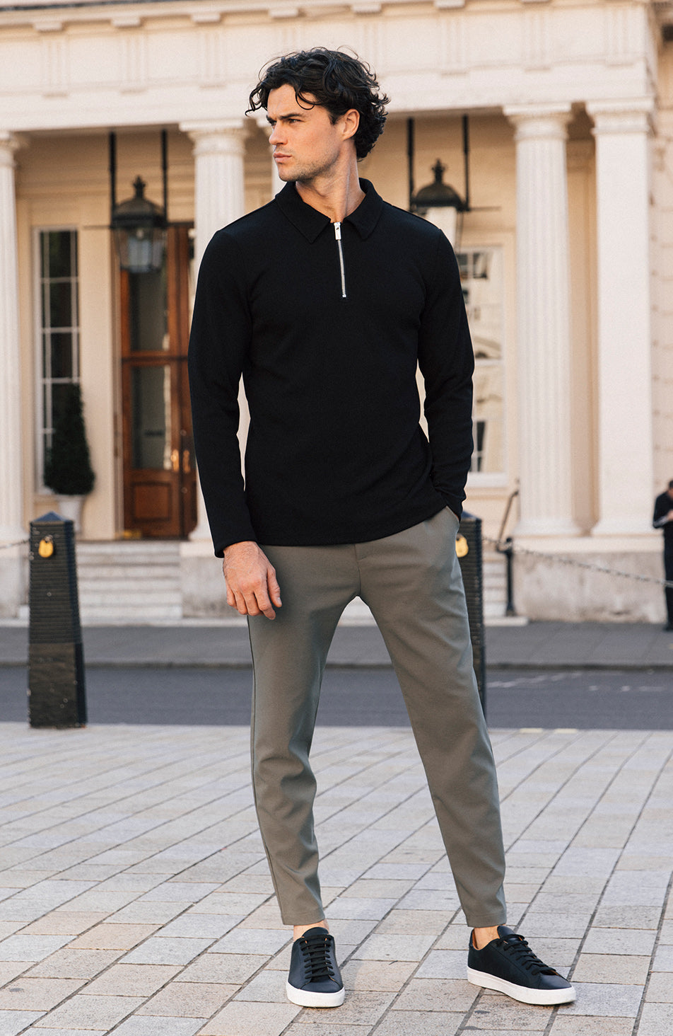 Rivoli Premium Rib LS Zip Polo in Black